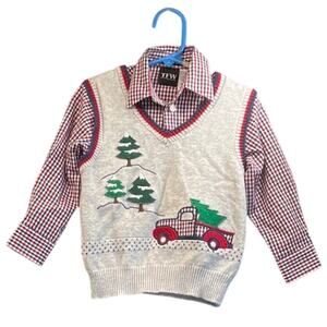 TFW Boys 2T 2-Piece Set Red Long Button Shirt Knit Vest Christmas Truck